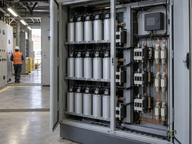 Gabinete de banco de condensadores abierto, con tres filas de condensadores cilíndricos, contactores y fusibles en una sala eléctrica