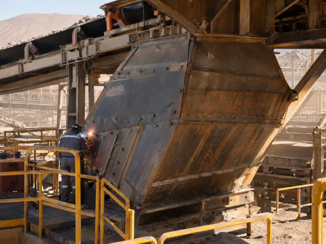 Soldador trabajando en la base de un chute de traspaso gastado bajo una correa en una planta de chancado